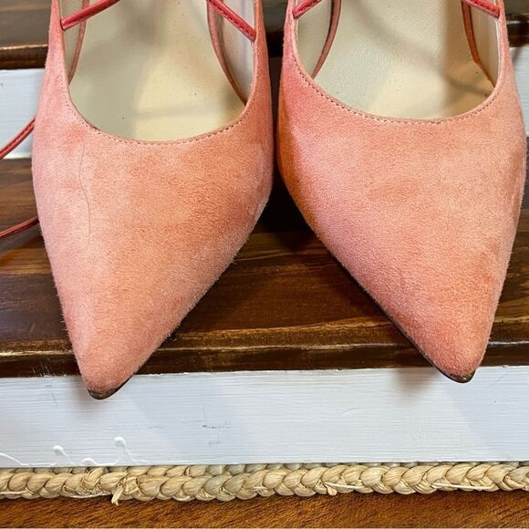Clef Genuine Suede Leather Stiletto Pumps Made in Italy Coral Ankle Lace - Picture 8 of 13